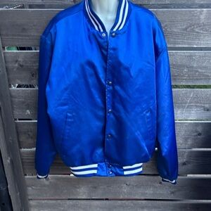 Blue Men's Satin Bomber Jacket with Striped Trim